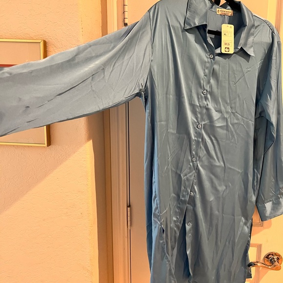 Light Blue Buttoned Knee-Length Shirt Dress - Picture 10 of 13
